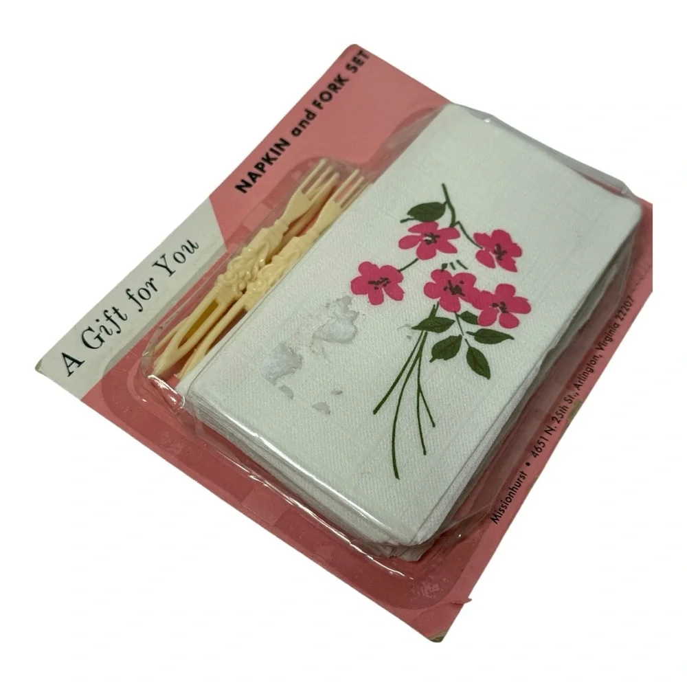 Vintage Floral Paper Napkin & Fork Set Missionhurst Flowers Mid Century Gift